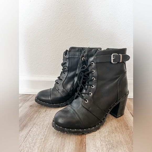 Black Studded Combat Heeled Booties - Picture 1 of 5